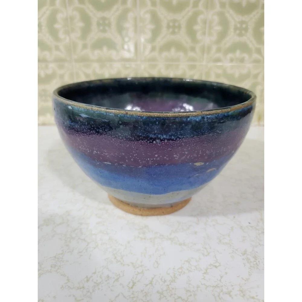 Stoneware Pottery Bowl Lavender Blue Brown Glazed Footed 6.5